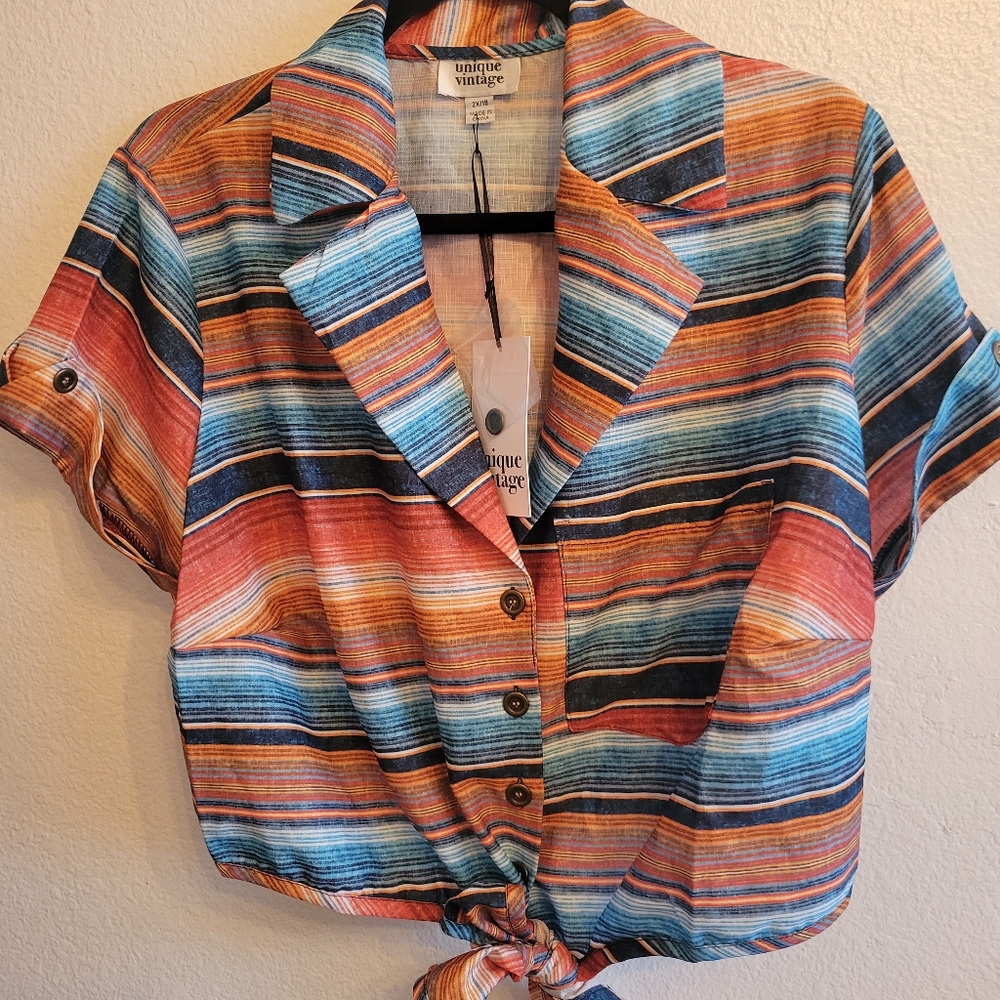Unique Vintage Striped Tie-Front Crop Shirt - Multi